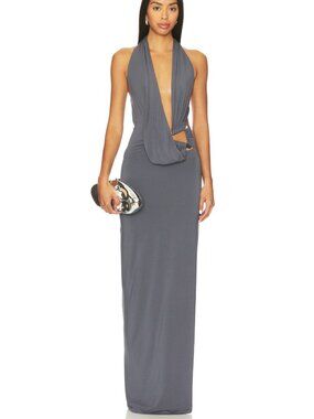 NBD Gray Deep V Halter Maxi Dress